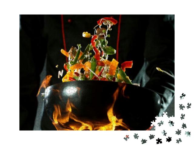 Closeup of Chef Throwing Vegetable Mix from Wok Pan in Fi... Jigsaw Puzzle with 1000 pieces