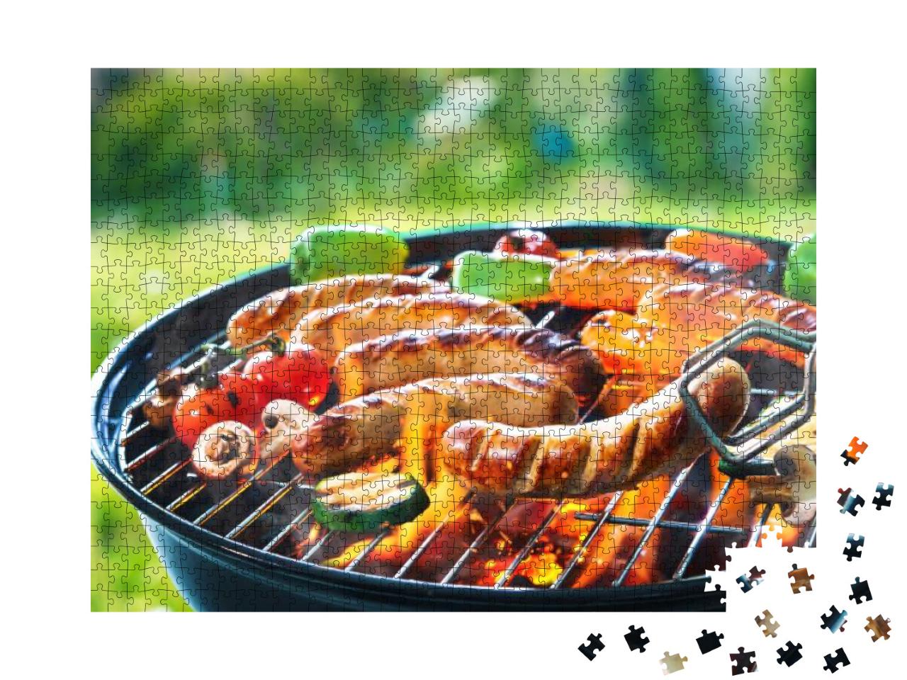 Grilled sausage on the picnic flaming grill Jigsaw Puzzle with 1000 pieces