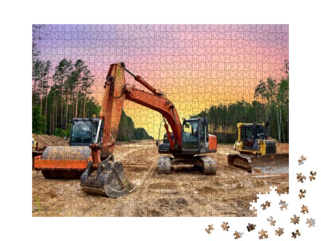 Bulldozer, Excavator & Soil Compactor on Road Work. Earth... Jigsaw Puzzle with 1000 pieces