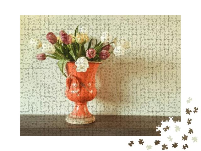 A Bouquet of Tulip Flowers in a Red Vintage Ceramic Vase... Jigsaw Puzzle with 1000 pieces