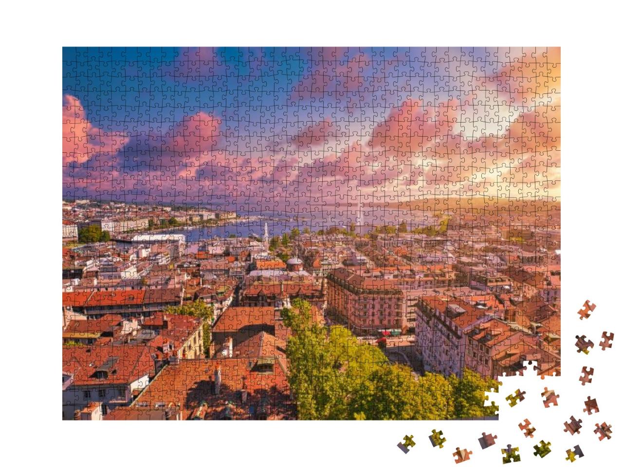 Amazing Dramatic Sky with Red Clouds of Sunset Over Genev... Jigsaw Puzzle with 1000 pieces
