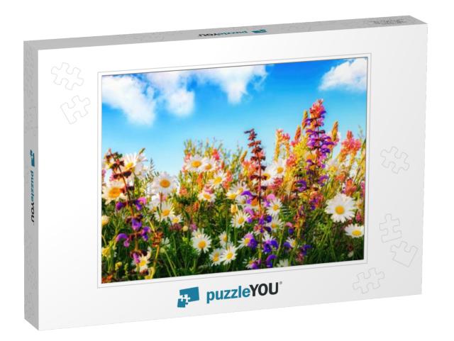 Colorful Spring Flowers on a Meadow in Panorama Format, w... Jigsaw Puzzle