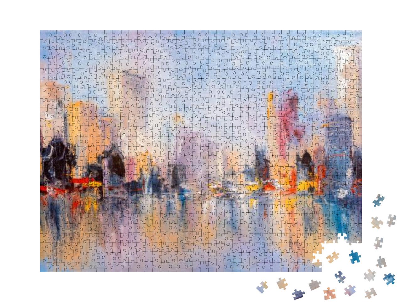 Skyline City View with Reflections on Water. Original Oil... Jigsaw Puzzle with 1000 pieces