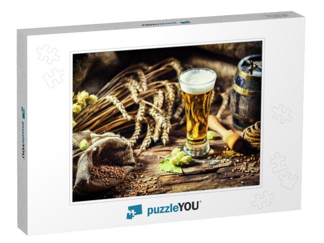 Glass of Fresh Cold Beer in Rustic Setting. Food & Bevera... Jigsaw Puzzle