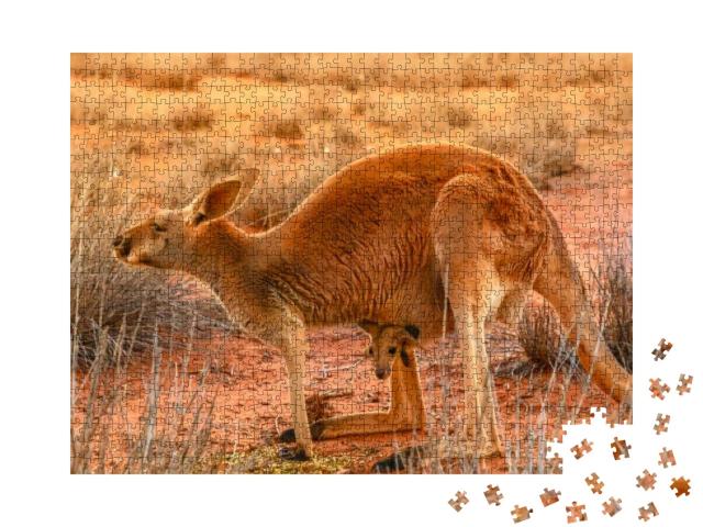 Side View of Red Kangaroo with a Joey in a Pocket, Macrop... Jigsaw Puzzle with 1000 pieces