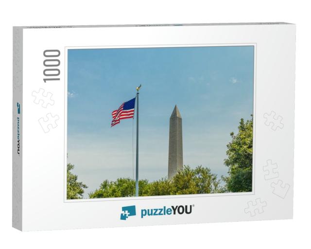 National Flag & George Washington Monument, National Mall... Jigsaw Puzzle with 1000 pieces