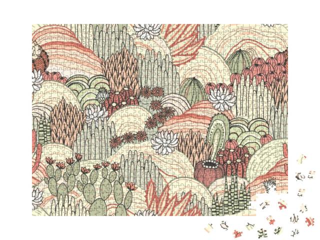 Cacti & Succulents on Outdoor, Floral Landscape, Seamless... Jigsaw Puzzle with 1000 pieces