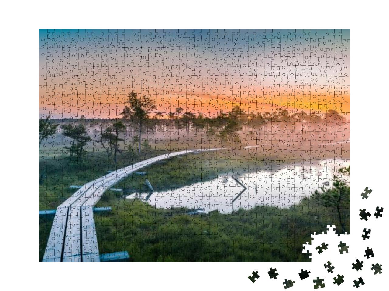Warmly Colored Sunrise Over a Foggy Swamp. Aerial View of... Jigsaw Puzzle with 1000 pieces
