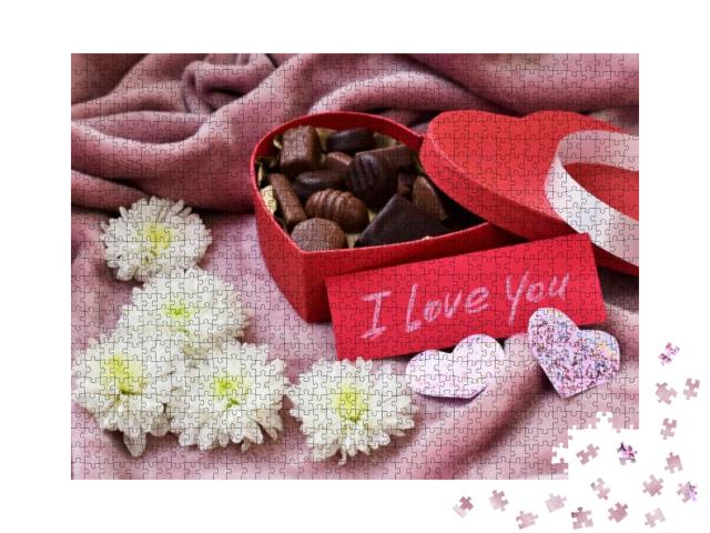 Chocolate Candies in the Red Heart Shaped Box, White Natu... Jigsaw Puzzle with 1000 pieces