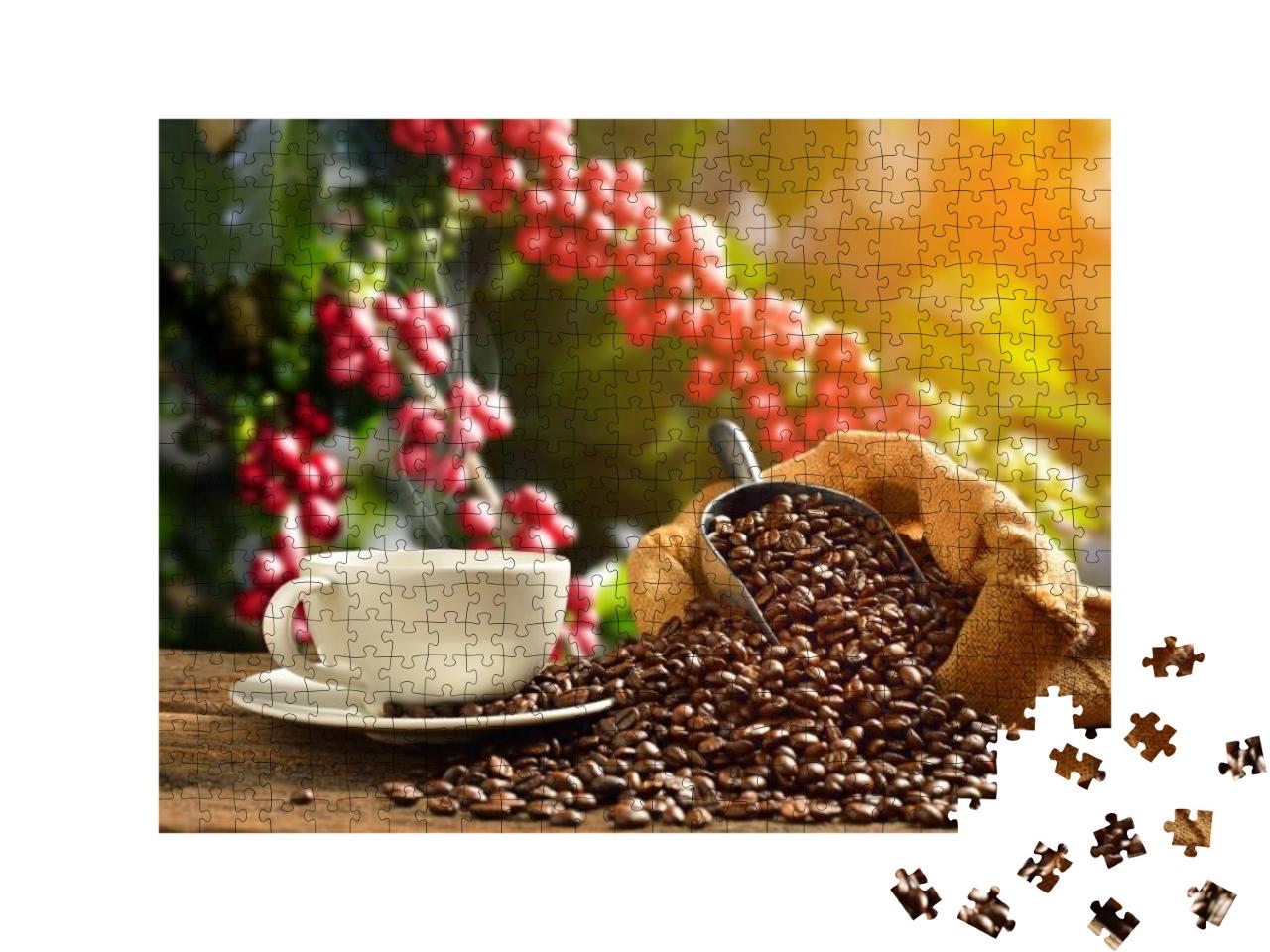 Cup of Coffee with Smoke & Coffee Beans in Burlap Sack on... Jigsaw Puzzle with 500 pieces