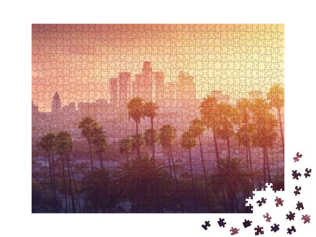 Los Angeles Hot Sunset View with Palm Tree & Downtown in... Jigsaw Puzzle with 1000 pieces