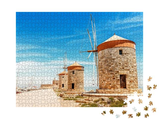 Windmills in the Mandraki Port of Rhodes, Greece... Jigsaw Puzzle with 1000 pieces