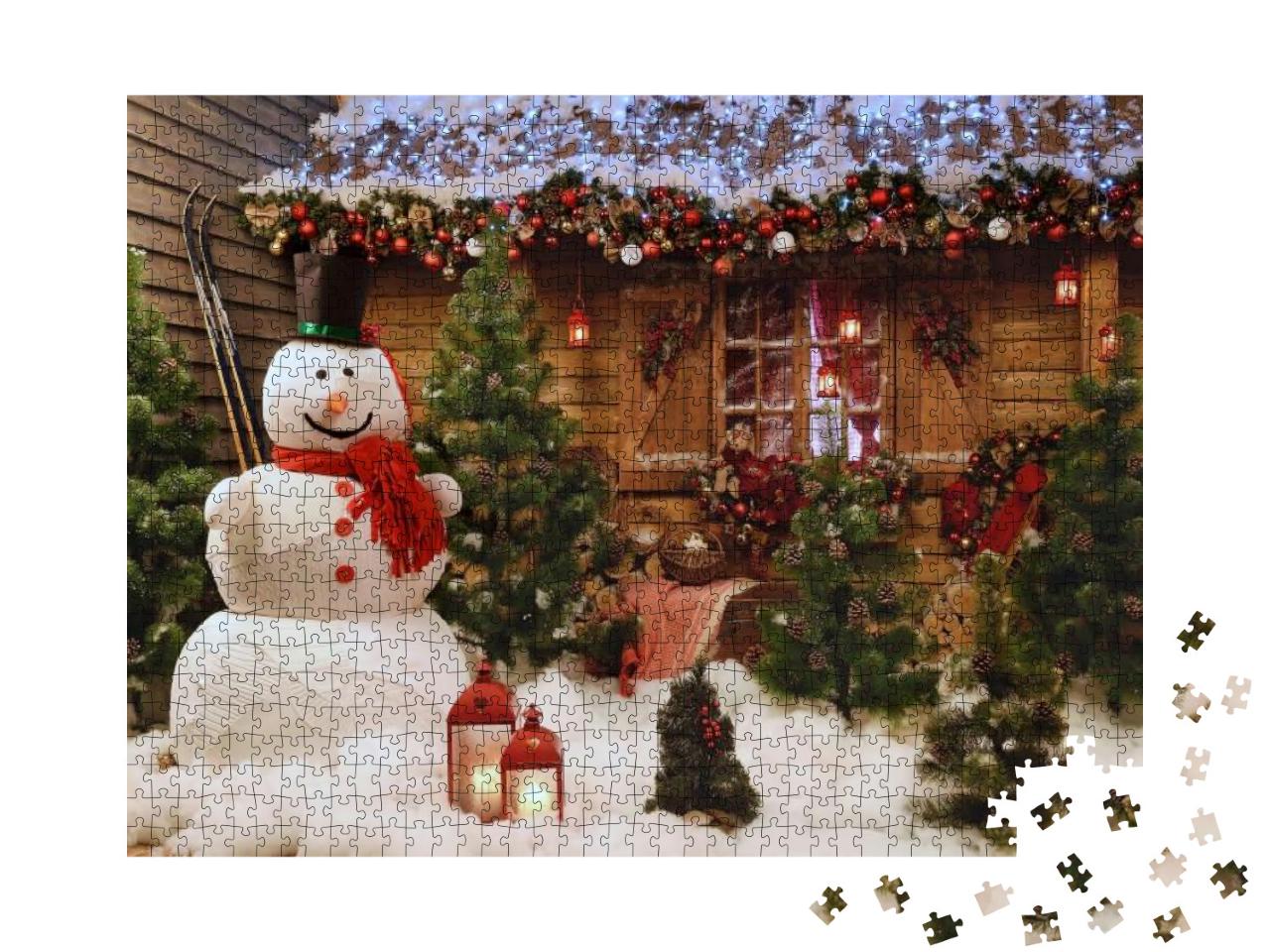 New Years Photo Zone with a Snowman At the House. Decor T... Jigsaw Puzzle with 1000 pieces