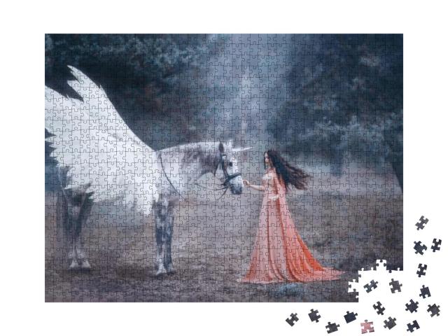 Beautiful, Young Elf, Walking with a Unicorn in the Fores... Jigsaw Puzzle with 1000 pieces
