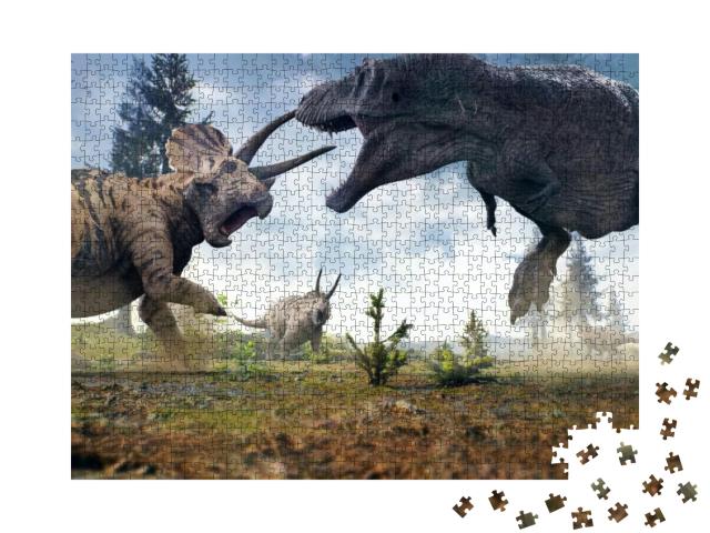 3D Rendering of Tyrannosaurus Rex Facing Off Against a Tr... Jigsaw Puzzle with 1000 pieces