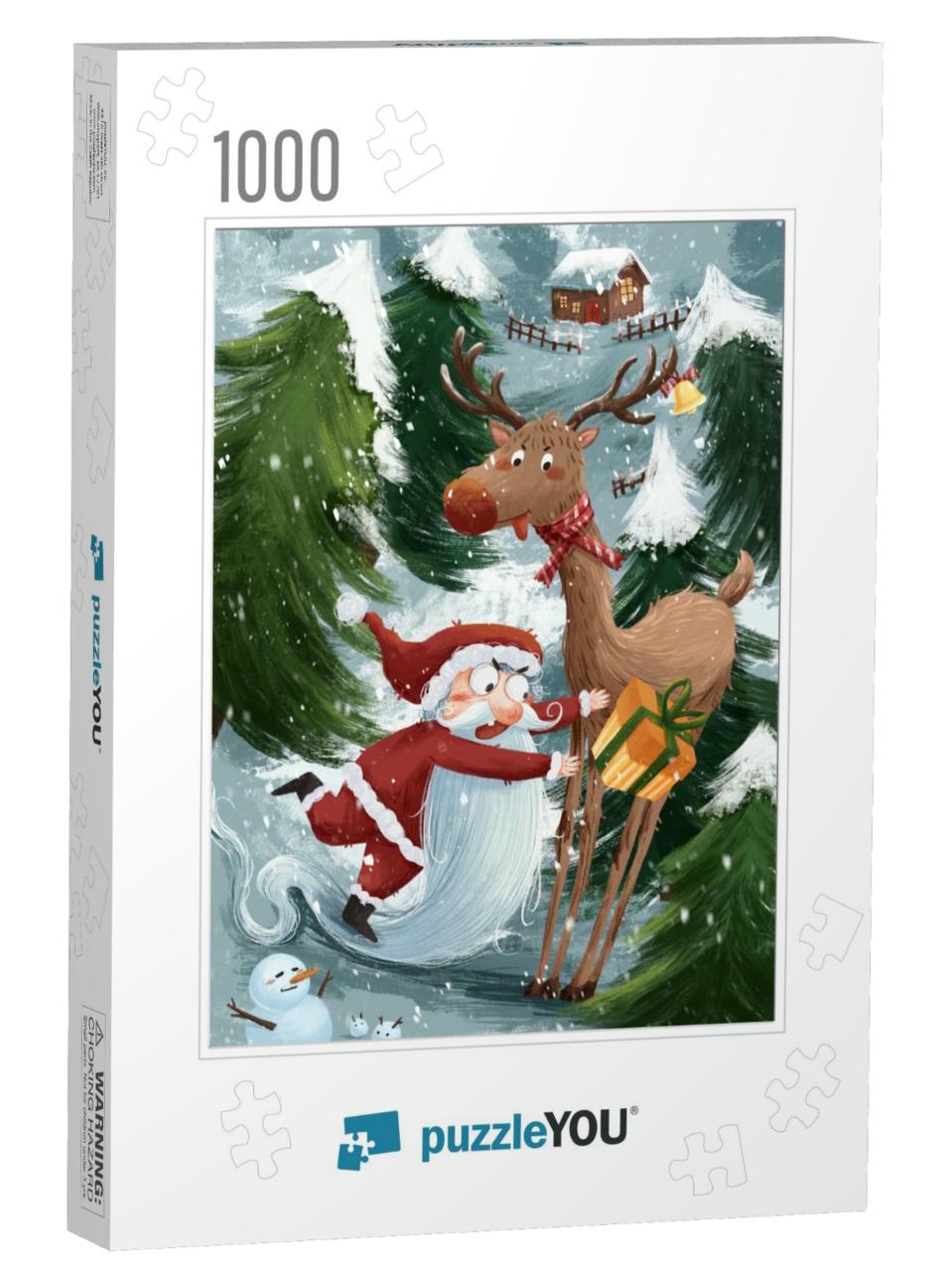Funny Christmas Illustration Including Santa Claus & Reindeer... Jigsaw Puzzle with 1000 pieces