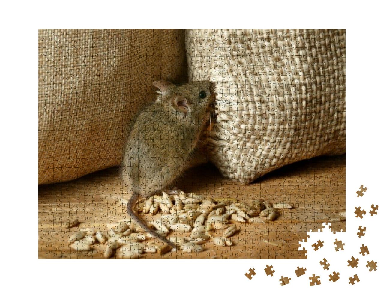 Closeup the Vole Mouse Nibbles the Sack of Grain in the S... Jigsaw Puzzle with 1000 pieces