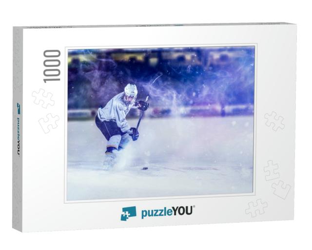 Ice Hockey Player in Action Kicking with Stick... Jigsaw Puzzle with 1000 pieces