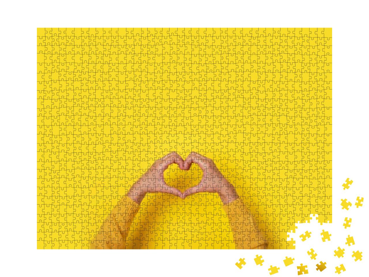 Hands Making Heart Shape, Love Symbol Over Yellow Backgro... Jigsaw Puzzle with 1000 pieces