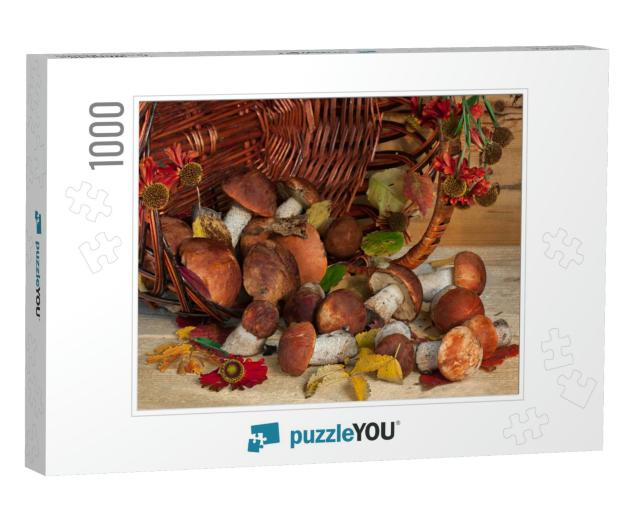 Still Life of a Basket of Mushrooms & Wild Flowers. Rusti... Jigsaw Puzzle with 1000 pieces