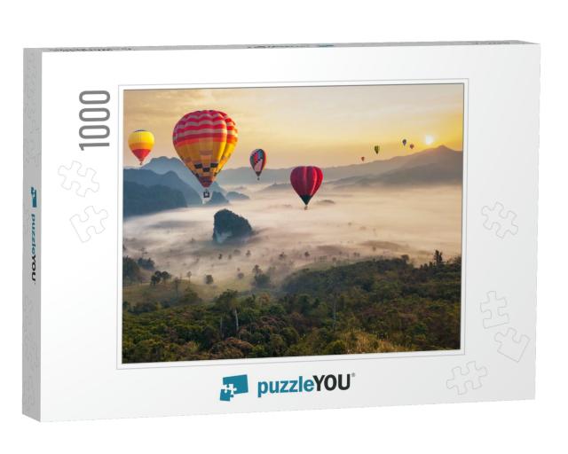 Colorful Hot Air Balloons Flying Over Mountain At Phu Lan... Jigsaw Puzzle with 1000 pieces