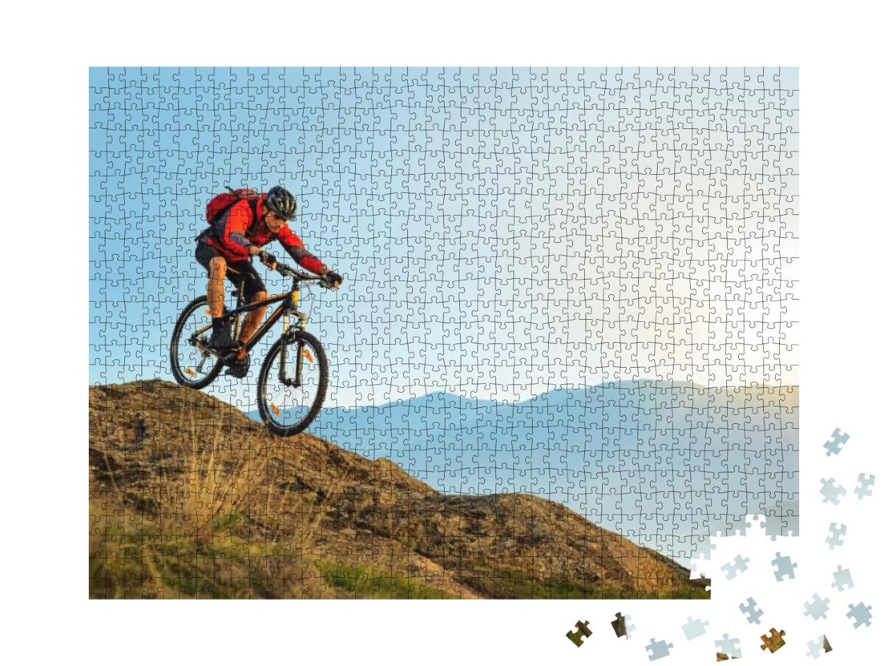 Cyclist in Red Jacket Riding the Bike in the Beautiful Mo... Jigsaw Puzzle with 1000 pieces