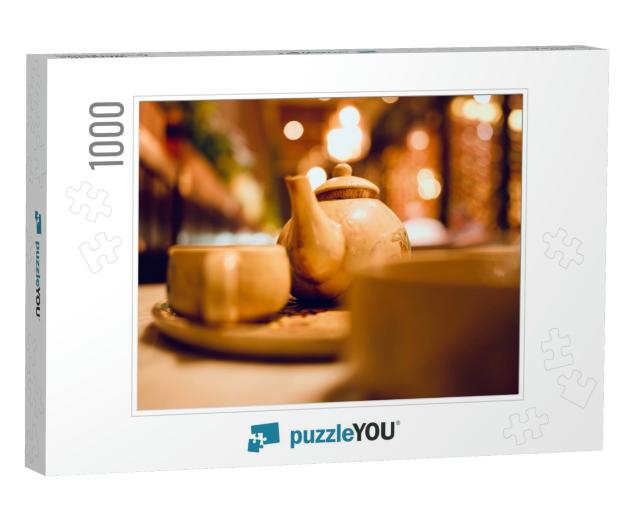 Tea Set with Bokeh Background an Selected Focus... Jigsaw Puzzle with 1000 pieces