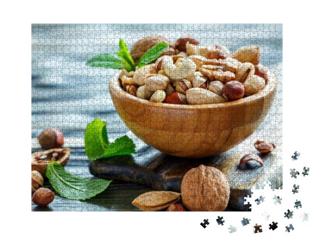 Mixed Nuts in a Wooden Bowl on Old Table, Selective Focus... Jigsaw Puzzle with 1000 pieces