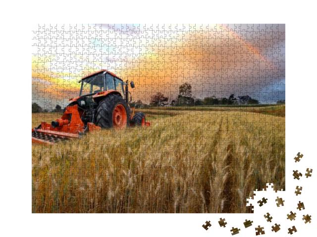 Tractor Working on the Rice Fields Barley Farm At Sunset... Jigsaw Puzzle with 1000 pieces