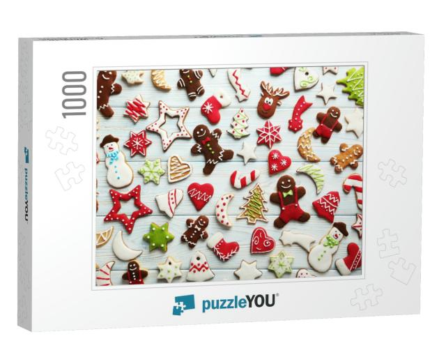 Christmas Cookies on a Blue Wooden Table... Jigsaw Puzzle with 1000 pieces
