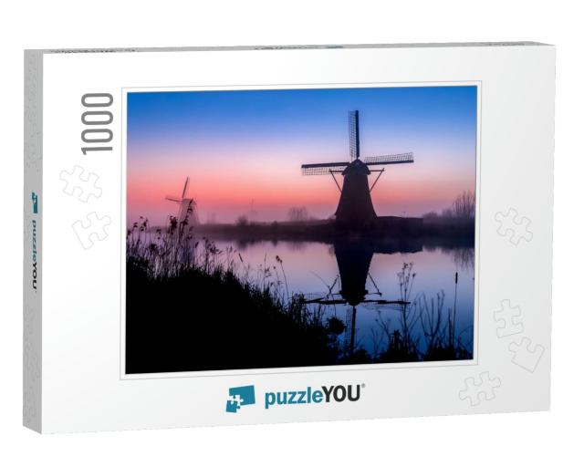 Sunrise Fog Windmill River Reflection. Windmill River Sun... Jigsaw Puzzle with 1000 pieces