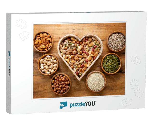 Heart Shaped Box & Small Bowls Full of Nuts & Seed on Rus... Jigsaw Puzzle