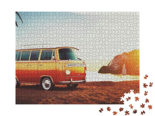Cute Retro Car on a Beach At Beautiful Sunset. Out of Tow... Jigsaw Puzzle with 1000 pieces