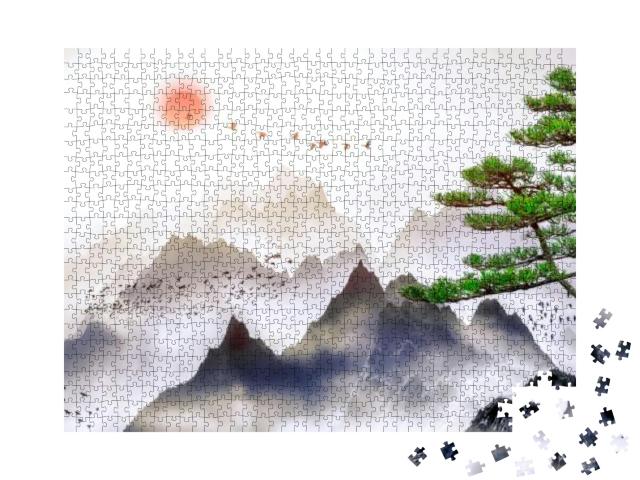 A Landscape Painting of Pine Trees, Distant Mountains, Cl... Jigsaw Puzzle with 1000 pieces