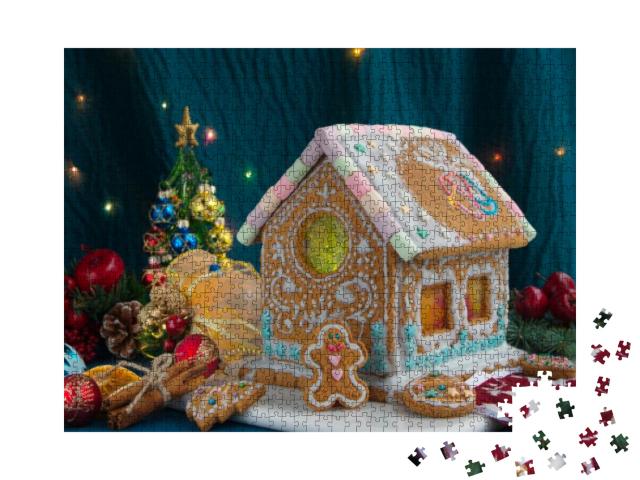 Homemade Gingerbread House & Gingerbread Cookie in a Chri... Jigsaw Puzzle with 1000 pieces