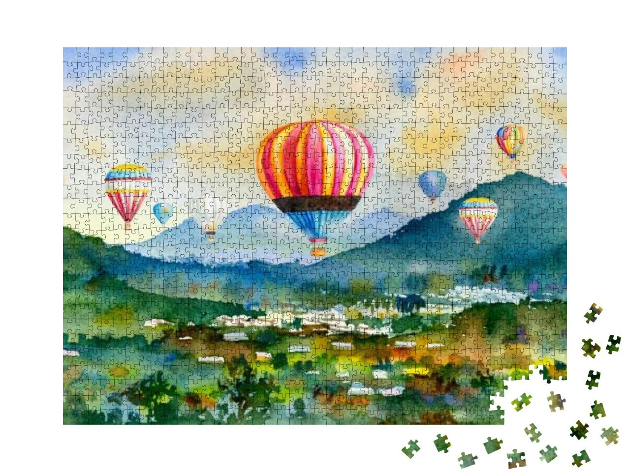 Watercolor Landscape Painting Colorful of Hot Air Balloon... Jigsaw Puzzle with 1000 pieces