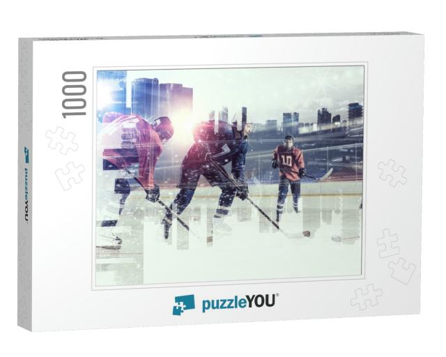 Hockey Players on Ice. Mixed Media... Jigsaw Puzzle with 1000 pieces