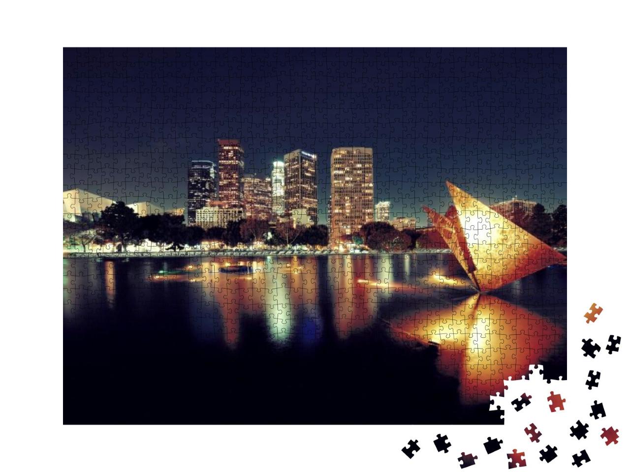 Los Angeles Downtown At Night with Urban Buildings & Lake... Jigsaw Puzzle with 1000 pieces