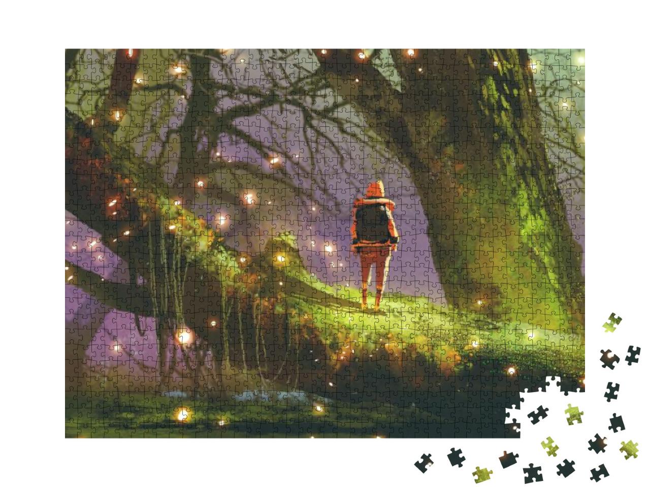 Hiker with Backpack Standing on Giant Tree with Fireflies... Jigsaw Puzzle with 1000 pieces