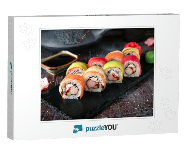 Rainbow Sushi Roll with Salmon, Eel, Tuna, Avocado, Royal... Jigsaw Puzzle