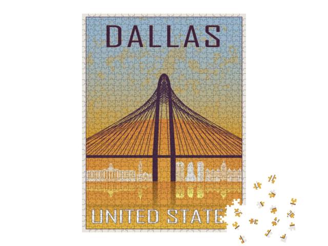 Dallas Vintage Poster in Orange & Blue Textured Backgroun... Jigsaw Puzzle with 1000 pieces