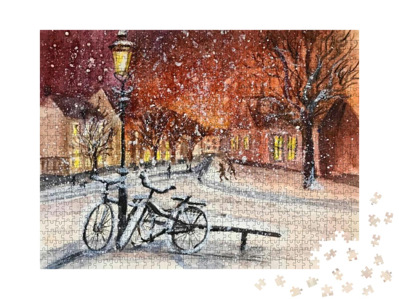 Hand-Drawn Watercolor Winter Cityscape in Warm Brown-Red... Jigsaw Puzzle with 1000 pieces