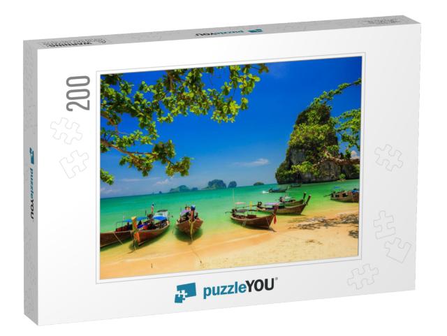 Traditional Longtail Boat At Sunset on Tropical Island, T... Jigsaw Puzzle with 200 pieces