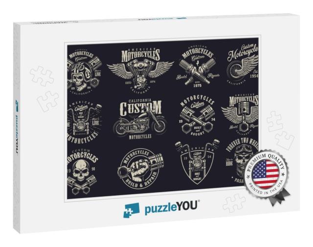 Set of Vintage Custom Motorcycle Emblems, Labels, Badges... Jigsaw Puzzle