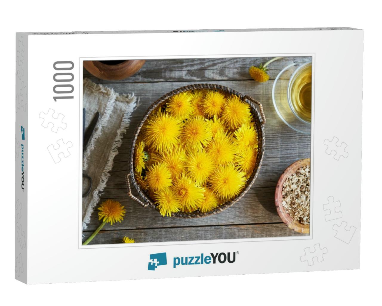 Fresh Dandelion Flowers in a Basket on a Table with Dried... Jigsaw Puzzle with 1000 pieces