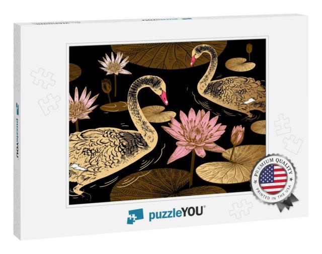 Seamless Pattern with Birds Swans, Flowers & Leaves of Wa... Jigsaw Puzzle