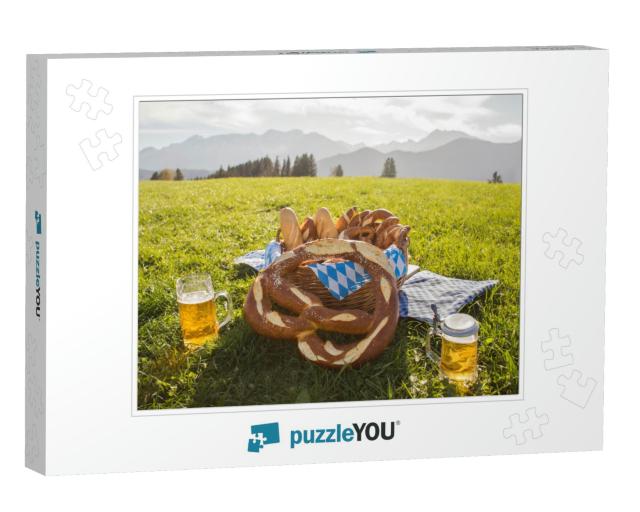 Bavaria Pretzel with Beer. Basket with Pretzels, Beer Mug... Jigsaw Puzzle
