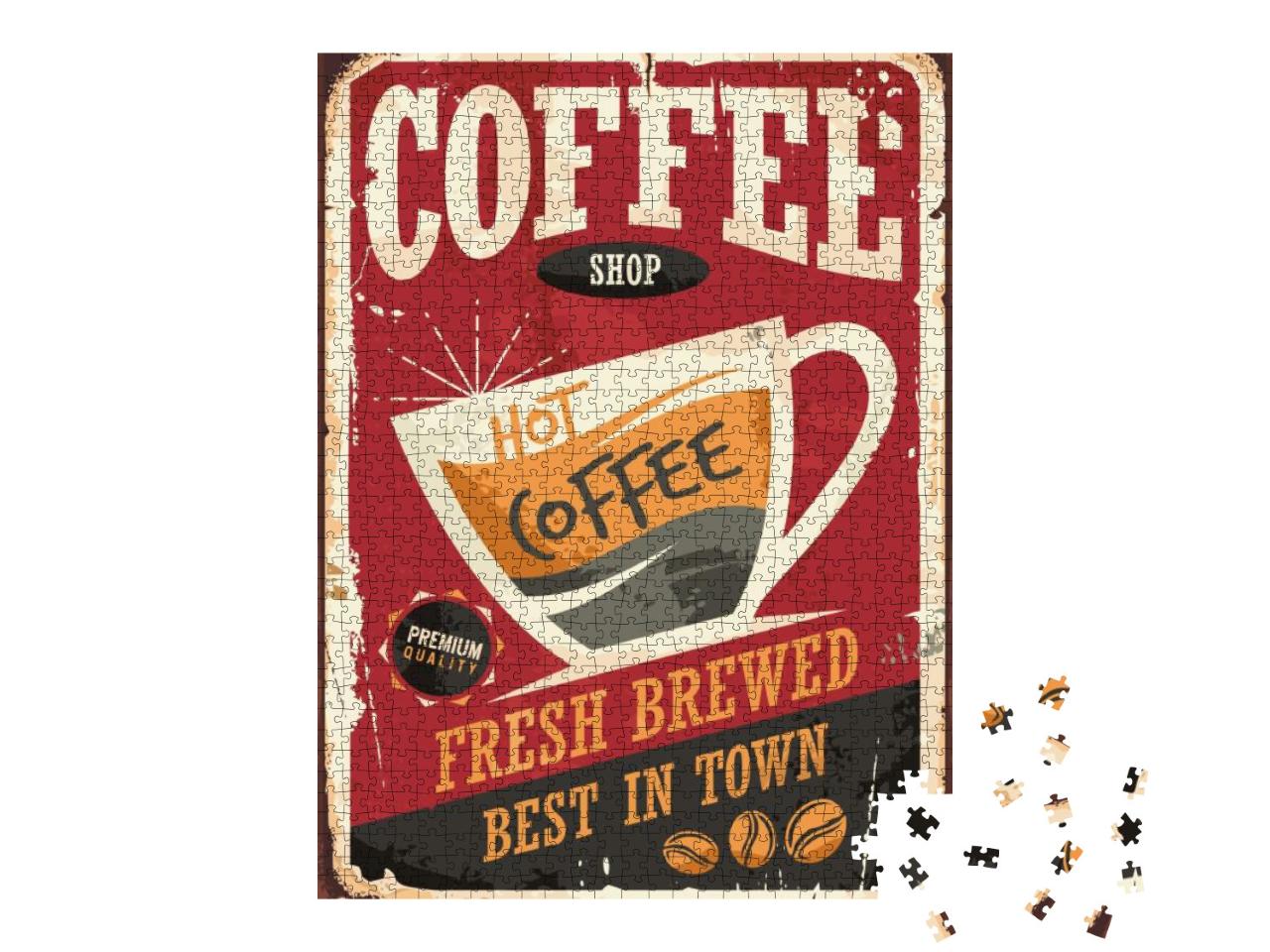 Coffee Shop Retro Tin Sign Vector Illustration on Red Bac... Jigsaw Puzzle with 1000 pieces
