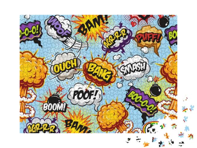 Comics Pattern with Speech & Explosion Bubbles on Blue Ba... Jigsaw Puzzle with 1000 pieces