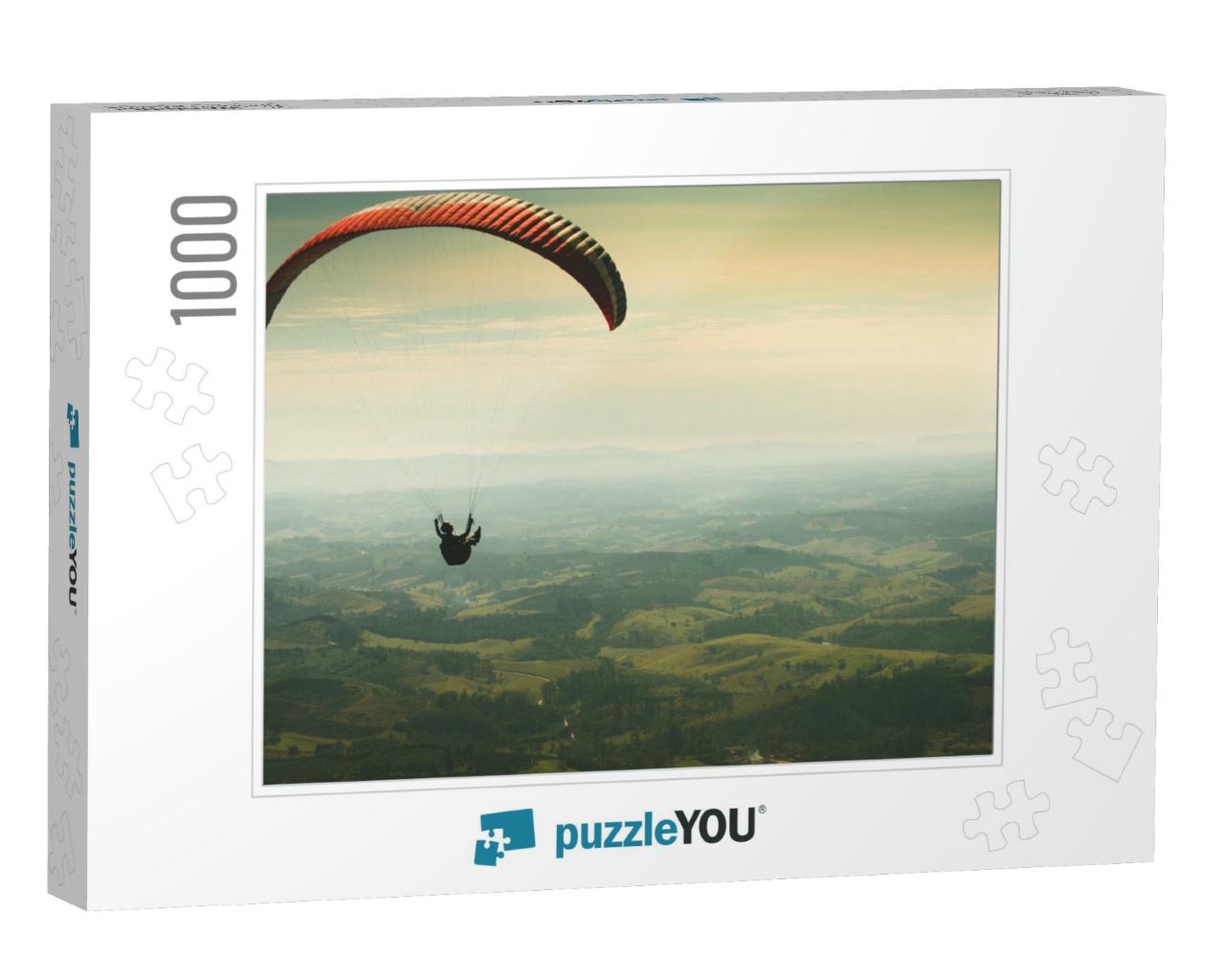 Paraglider Flying on the Beautiful Sunny Sky Over the Gre... Jigsaw Puzzle with 1000 pieces